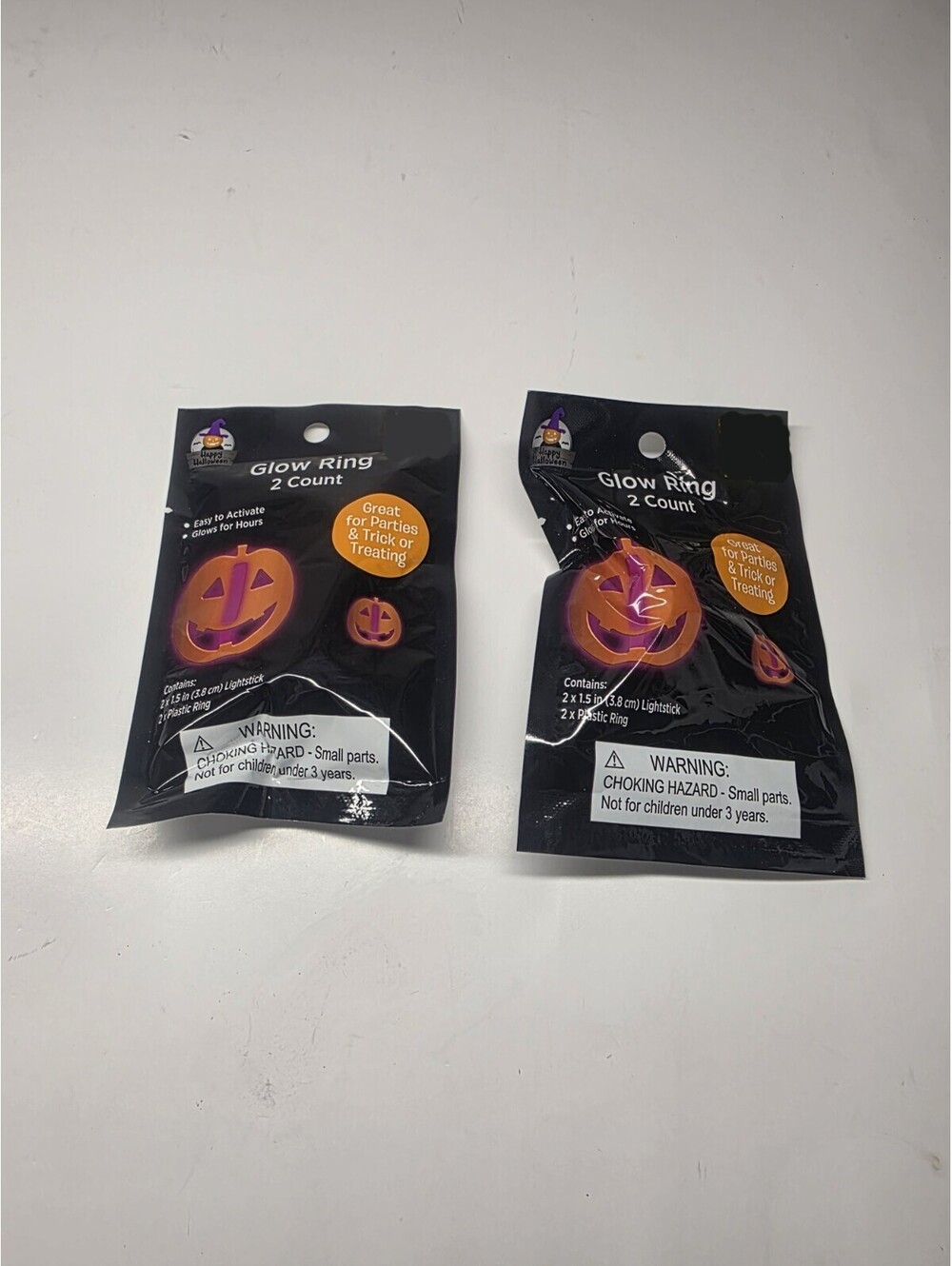 Happy Halloween Lot of 2 Packs of Glow Rings (4 Rings Total) Pumpkins - NEW